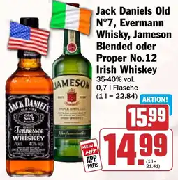 HIT Jack Daniels Old N°7, Evermann Whisky, Jameson Blended oder Proper No.12 Irish Whiskey Angebot