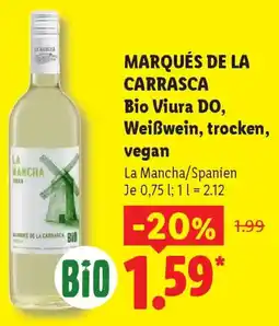 Lidl MARQUÉS DE LA CARRASCA Bio Viura DO, Weißwein, trocken, vegan Angebot