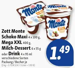 Nah & Frisch Zott Monte Schoko Maxi, Mega XXL, Milch-Dessert oder Drink Angebot