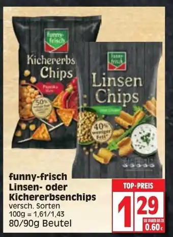 Edeka Funny Frisch Linsen oder Kichererbsenchips 80/90g Beutel Angebot