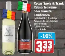 AEZ Recas Speis & Trank Rebsortenweine oder Riunite Lambrusco Angebot