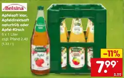Netto Marken-Discount Belsina Apfelsaft klar, Apfeldirektsaft naturtrüb oder Apfel-Kirsch Angebot