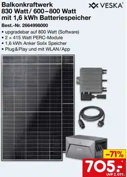 Netto Marken-Discount VESKA Balkonkraftwerk 830 Watt/600-800 Watt mit 1,6 kWh Batteriespeicher Angebot