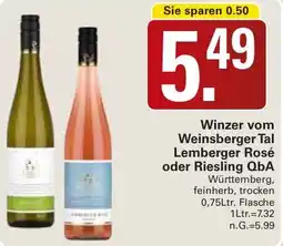 WEZ Winzer vom Weinsberger Tal Lemberger Rosé oder Riesling QbA Angebot