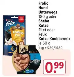 Rossmann Frolic hund unterwegs oder sheba katze filet oder felix katze knabbermix Angebot