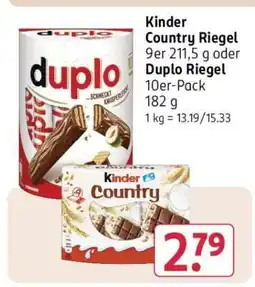Rossmann Kinder Country Riegel 9er 211,5 g oder Duplo Riegel 10er-Pack 182 g Angebot
