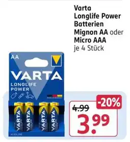 Rossmann Varta Longlife Power Batterien Mignon AA oder Micro AAA je 4 Stück Angebot