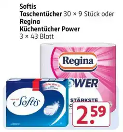 Rossmann Softis Taschentücher 30 × 9 Stück oder Regina Küchentücher Power 3 × 43 Blatt Angebot