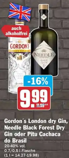 HIT Gordon´s London dry Gin, Needle Black Forest Dry Gin oder Pitu Cachaca do Brasil Angebot