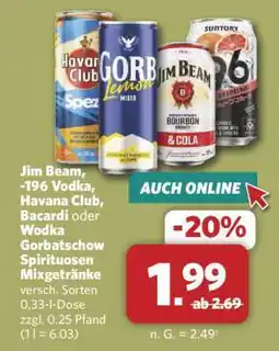 Combi Jim Beam, -196 Vodka, Havana Club, Bacardi oder Wodka Gorbatschow Spirituosen Mixgetränke Angebot