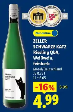 Lidl ZELLER SCHWARZE KATZ Riesling QbA, Weißwein, feinherb Angebot