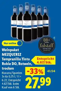 Lidl Weinpaket MEZQUIRIZ Tempranillo Tinto Roble DO, Rotwein, trocken Angebot