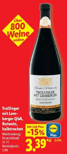 Lidl Trollinger mit Lemberger QbA, Rotwein, halbtrocken Angebot