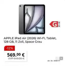MediaMarkt APPLE iPad Air (2026) Wi-Fi, Tablet, 128 GB, 11 Zoll, Space Grau Angebot