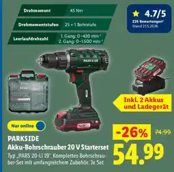 Lidl PARKSIDE Akku-Bohrschrauber 20 V Starterset Typ,,PABS 20-Li 19". Angebot