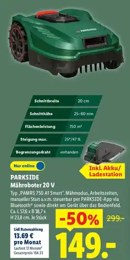 Lidl PARKSIDE Mähroboter 20 V Typ „PAMRS 750 A1 Smart". Angebot