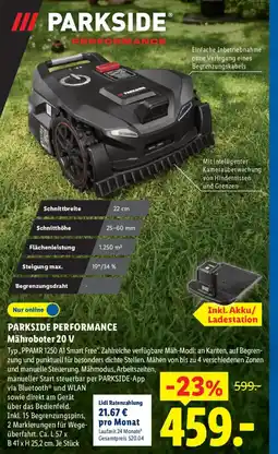 Lidl PARKSIDE PERFORMANCE Mähroboter 20 V Typ,PPAMR 1250 A1 Smart Free". Angebot