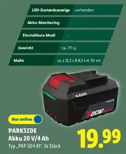 Lidl PARKSIDE Akku 20 V/4 Ah Typ,,PAP 204 A1". Angebot