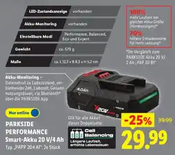 Lidl PARKSIDE PERFORMANCE Smart-Akku 20 V/4 Ah Typ „PAPP 204 A1". Je Stück Angebot