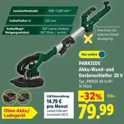 Lidl PARKSIDE Akku-Wand- und Deckenschleifer 20 V Typ „PWDSA 20-Li A1". Angebot