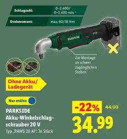 Lidl PARKSIDE Akku-Winkelschlagschrauber 20 V Typ „PAWS 20 A1". Angebot