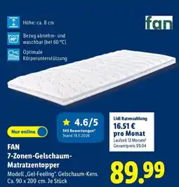 Lidl FAN 7-Zonen-Gelschaum- Matratzentopper Modell "Gel-Feeling". Angebot