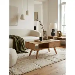 Netto Marken-Discount Couchtisch in Naturfarben aus Mango Massivholz und Rattan, 90x40x45cm mit Stauraum und Schublade Angebot