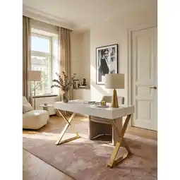 Netto Marken-Discount Schreibtisch – Hochglanz Weiß, 118x76x57 cm, goldene Metallbeine, 2 Schubladen Angebot