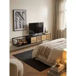 Netto Marken-Discount Lowboard Hängend Mango Massivholz Metall Modern Stil 150x25x35 cm Schwarz mit Wiener Geflecht Angebot