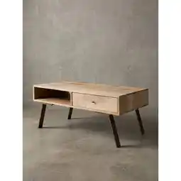 Netto Marken-Discount Couchtisch Mango Massivholz Metall mit Schublade 95x42x50cm Landhaus Braun Angebot