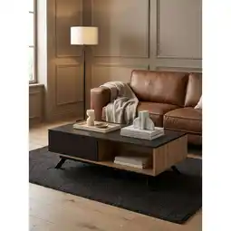 Netto Marken-Discount Couchtisch in Schwarz und Eiche-Dekor, MDF, mit Stauraum, Schubladen, Metallbeine, 110x60x38 cm Angebot