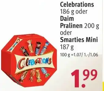 Rossmann Celebrations 186g oder Daim Pralinen 200g oder Smarties Mini 187g Angebot