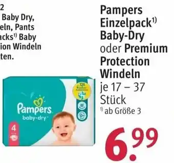 Rossmann Pampers Einzelpack Baby Dry oder Premium Protection Windeln 17-37 Stück Angebot