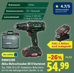 Lidl PARKSIDE Akku-Bohrschrauber 20 V Starterset Angebot
