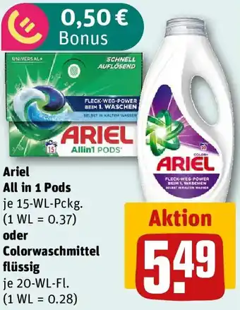 REWE Ariel All in 1 Pods oder Colorwaschmittel flüssig Angebot