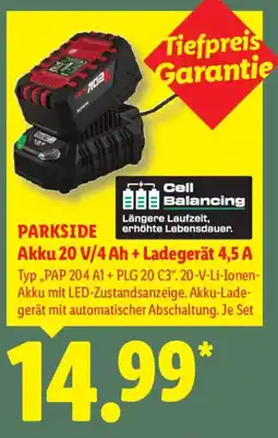Lidl PARKSIDE Akku 20 V/4 Ah + Ladegerät 4,5 A Angebot