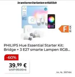 MediaMarkt PHILIPS Hue Essential Starter Kit: Bridge + 3 E27 smarte Lampen RGB Angebot