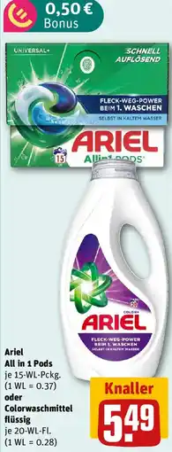 REWE Ariel All in 1 Pods oder Colorwaschmittel flüssig Angebot