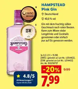 Lidl HAMPSTEAD Pink Gin Angebot