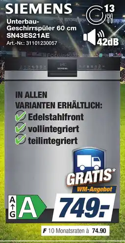 Expert Technomarkt SIEMENS Unterbau-Geschirrspüler 60 cm Angebot