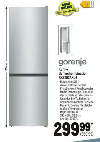 METRO Gorenje kühl-/ gefrierkombination rk6192axl4 Angebot