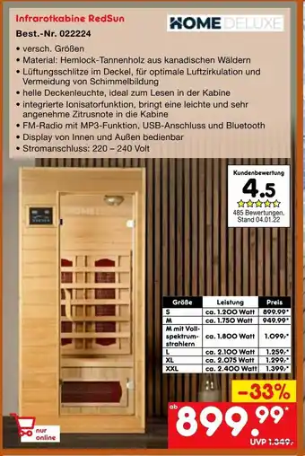 Netto Marken-Discount Home Deluxe Infrarotkabine RedSun Angebot