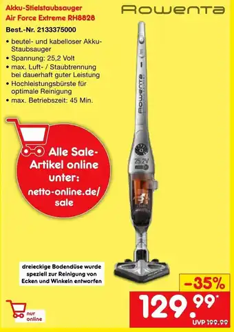 Netto Marken-Discount Rowenta Akku Stielstaubsauger Air Force Extreme RH8828 Angebot