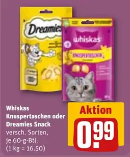 REWE Whiskas Knuspertaschen oder Dreamies Snack Angebot