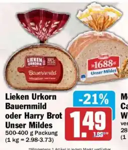 HIT Lieken Urkorn Bauernmild oder Harry Brot Unser Mildes Angebot