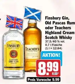 HIT Finsbury Gin, Old Pascas Rum oder Teachers Highland Cream Scotch Whisky Angebot
