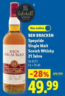 Lidl BEN BRACKEN Speyside Single Malt Scotch Whisky 21 Jahre Angebot