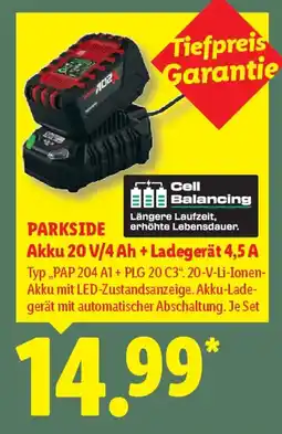 Lidl PARKSIDE Akku 20 V/4 Ah + Ladegerät 4,5 A Typ „PAP 204 A1+ PLG 20 C3". Angebot