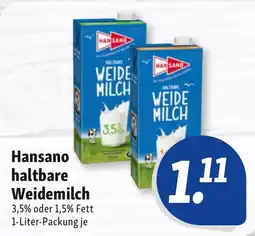 Nah & Frisch Hansano haltbare Weidemilch Angebot