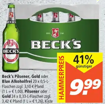 Marktkauf Beck's Pilsener, Gold oder Blue Alkoholfrei 20x0,5L oder Pilsener oder Gold 24x0,33L Angebot